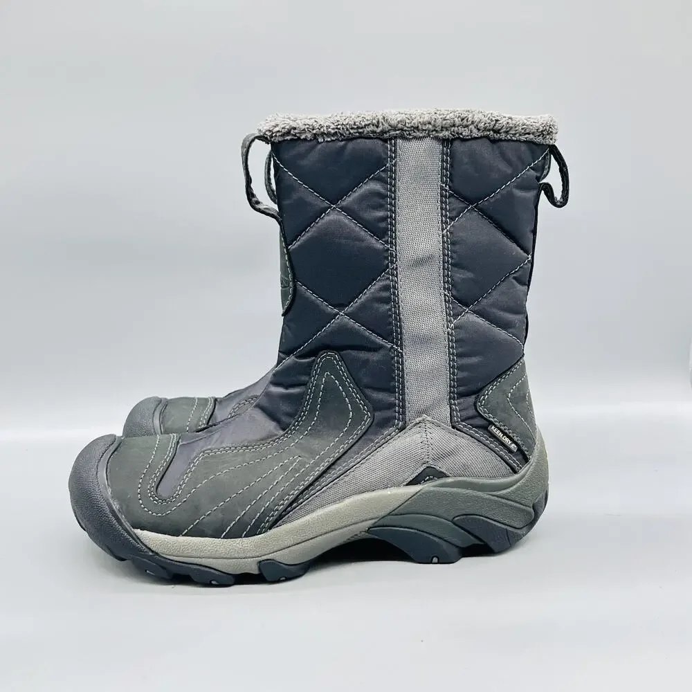 KEEN Boots Womens 7.5 Gray Nylon Quilted Mid Calf Zip Insulated Winter Shoes